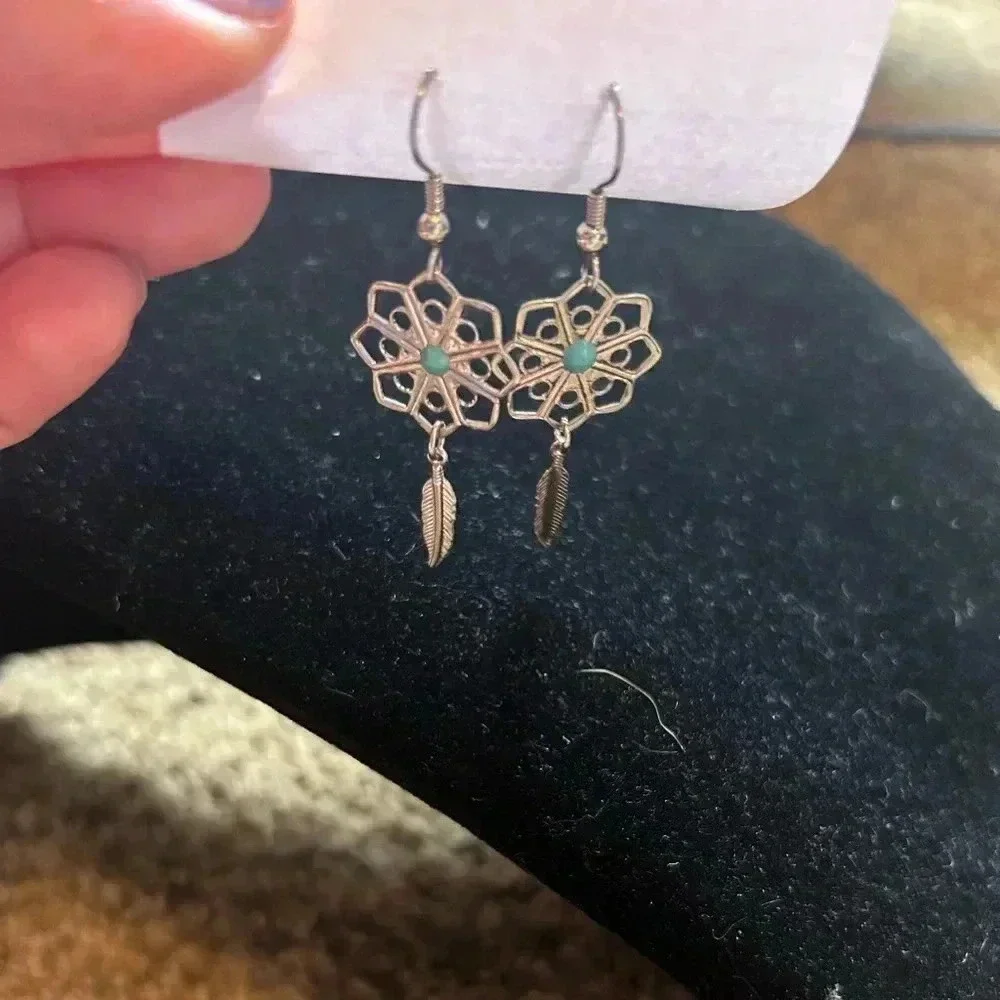 Dangling‎ silver earrings with feather